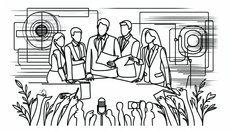 En kontinuerlig linjeteckning som visar tre yrkesverksamma personer av olika härkomst—kaukasisk, spansktalande och asiatisk—som står nära varandra run