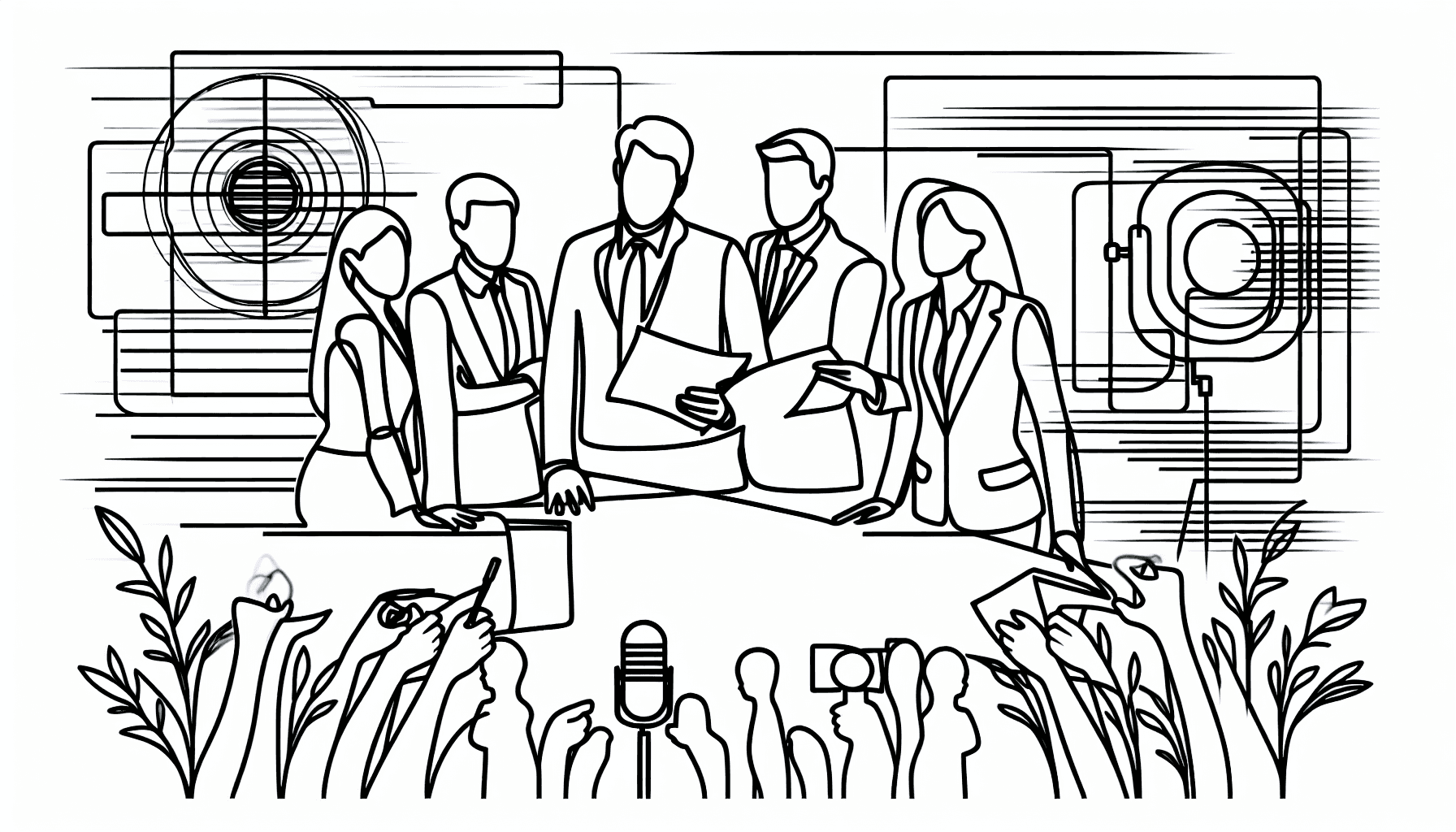 En kontinuerlig linjeteckning som visar tre yrkesverksamma personer av olika härkomst—kaukasisk, spansktalande och asiatisk—som står nära varandra run